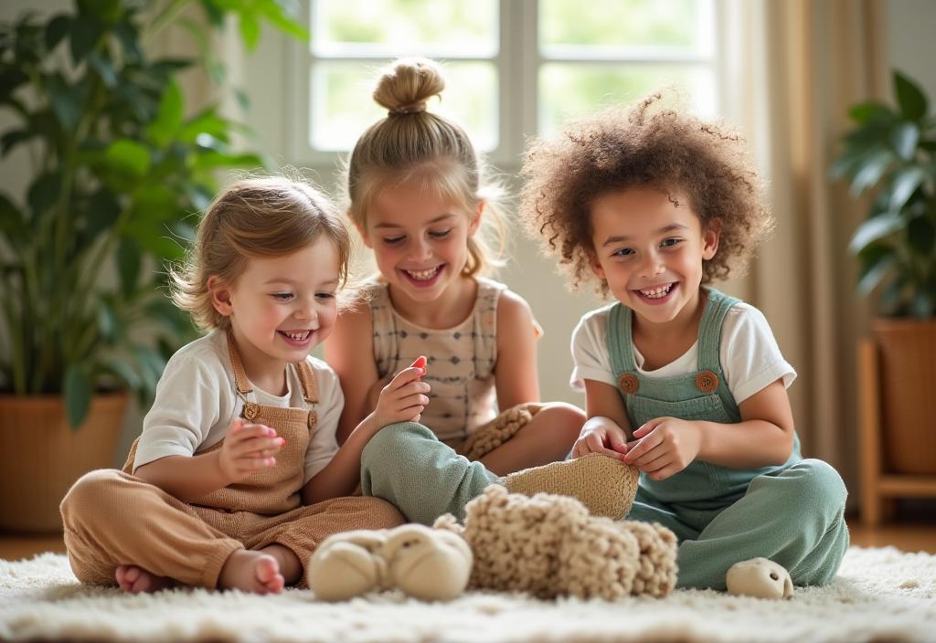 Niños felices jugando con ropa orgánica y juguetes ecológicos de Glacialis Organics